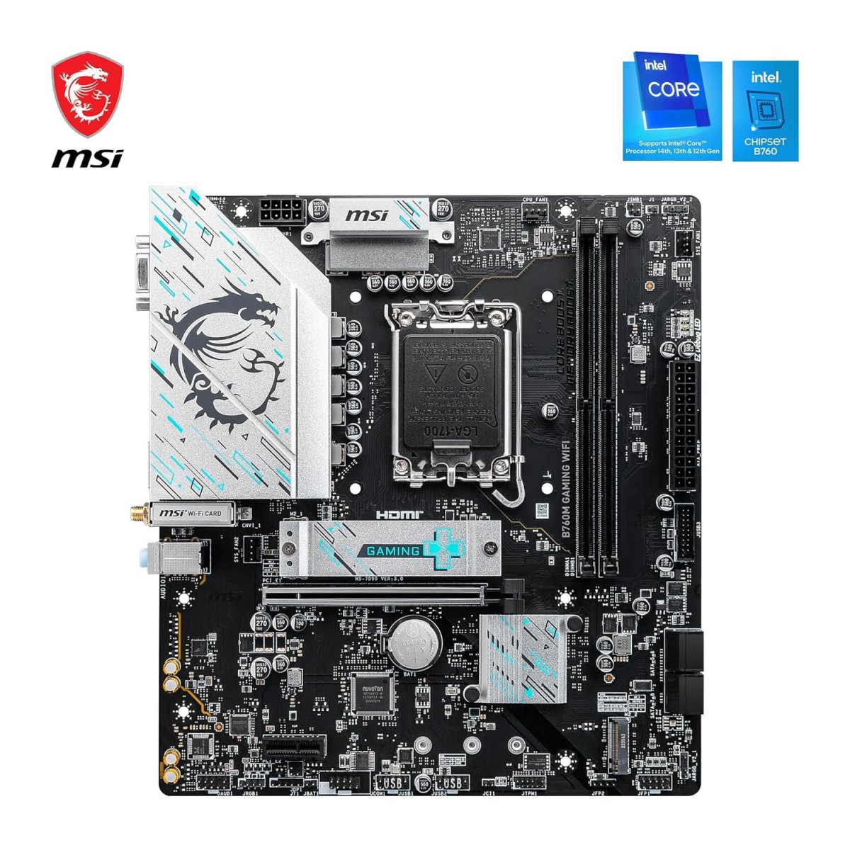 MSI B760M Gaming WiFi Motherboard, mATX - Supports Intel 14th, 13th & 12th Gen Core Processors, LGA 1700 - DDR5 Memory Boost 8000+MHz/OC, 1 x PCIe 4.0