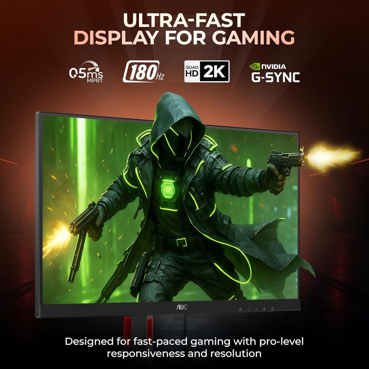 AOC Q27G4F 27'' QHD Gaming Monitor, 2560x1440 IPS Panel, 180Hz Refresh Rate, 0.5ms Response, G-Sync, HDR10, Super Color Mode, Dual HDMI 2.0 Ports, Hei